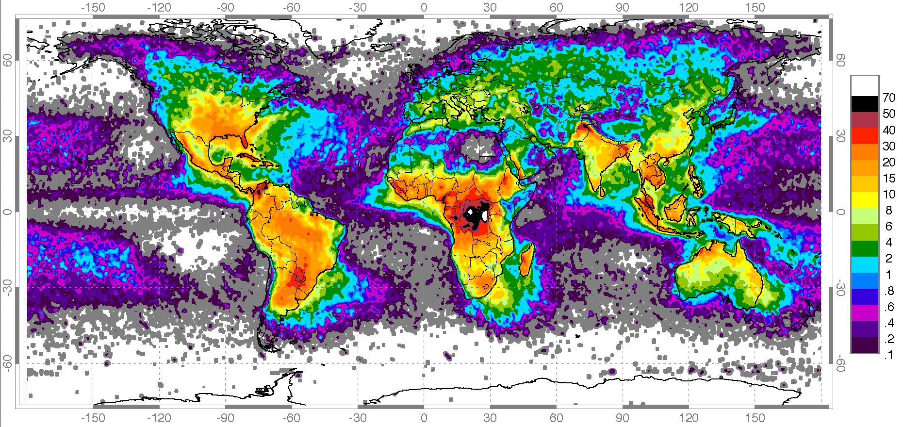 Frequência de raios que atingem o solo (n° de ocorrências por km2 por dia) Crédito: Nasa.gov
