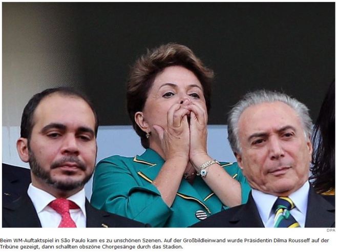 Assim que Dilma Rousseff apareceu no telão, um coro obsceno se levantou no estádio Foto DPA - Deutsche Presse-Agentur