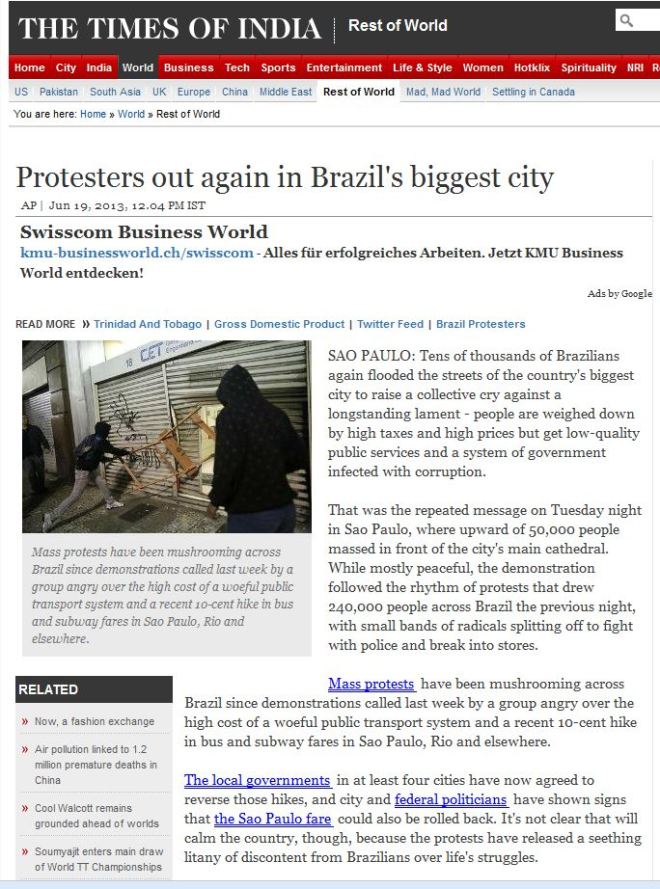 Manifestantes saem de novo na maior cidade do Brasil The Times of India, Índia
